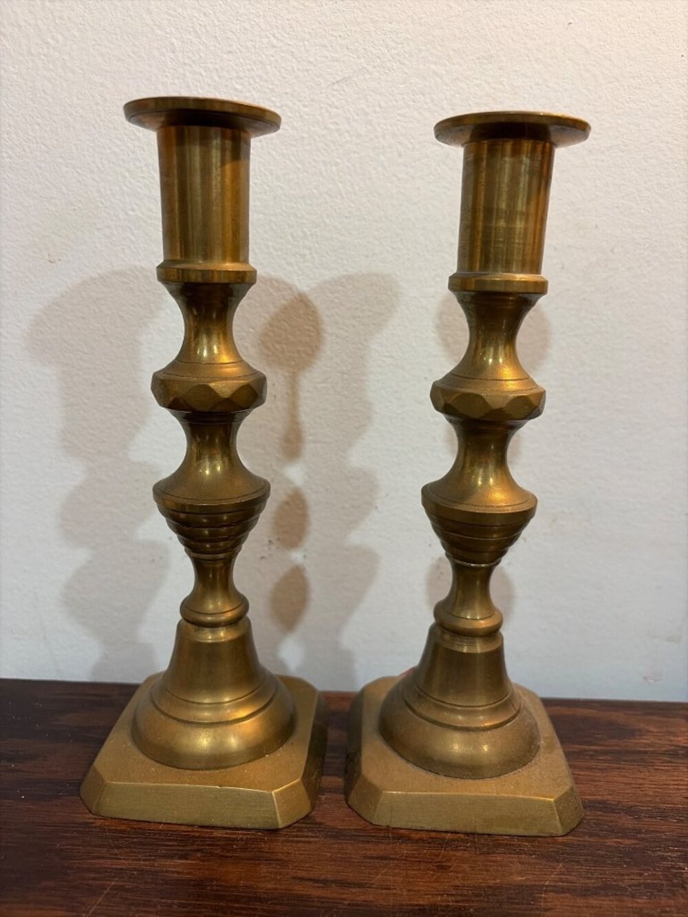 Pair Of VTG Solid Brass Candlesticks MCM style 8" Tall Square Base